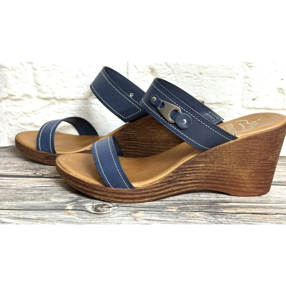 Italian Shoemaker Sandals Wedge‎ Navy Blue Leather Straps Fits 10 M